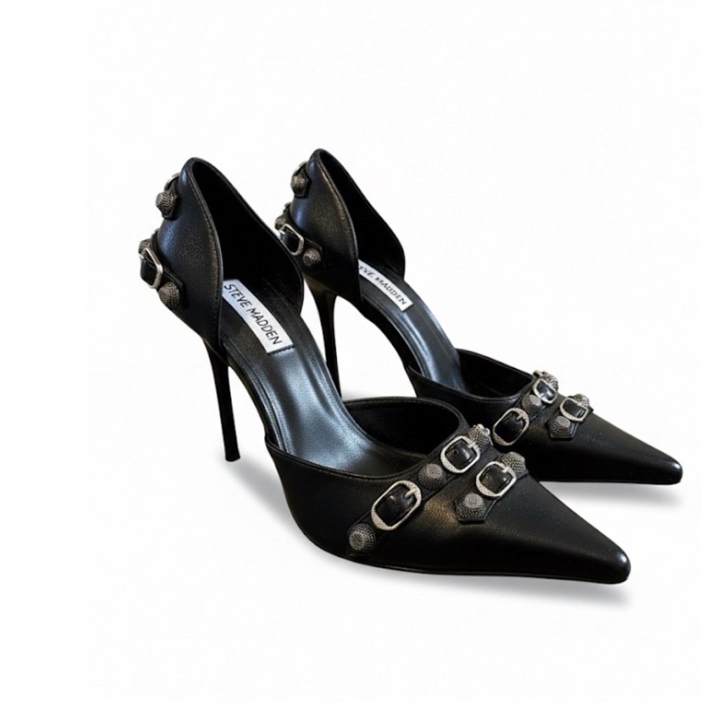 Steve Madden Black Buckled Stiletto Heels - Studded Pointed Toe - Size 7.5